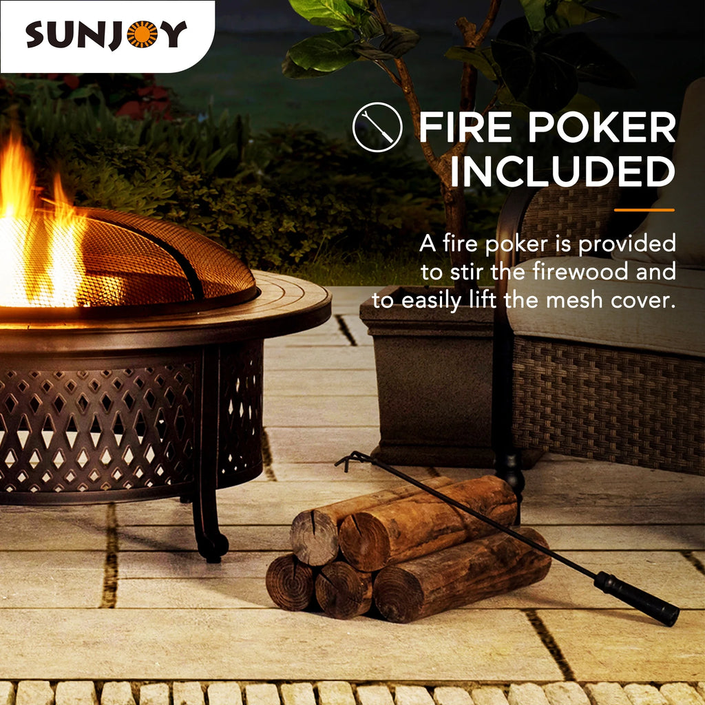 40 Inch Round Wood Burning Fire Pit with Steel Mesh Spark Screen and Ceramic Tile Tabletop R36821
