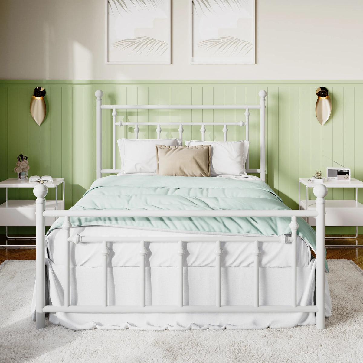 Queen Size White Metal Platform Bed Frame with Headboard and Footboard T135353