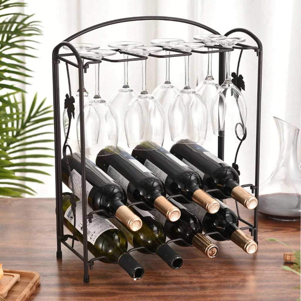 Metal Wine Rack with Glass Holder for 8 Bottles and 8 Glasses G789592