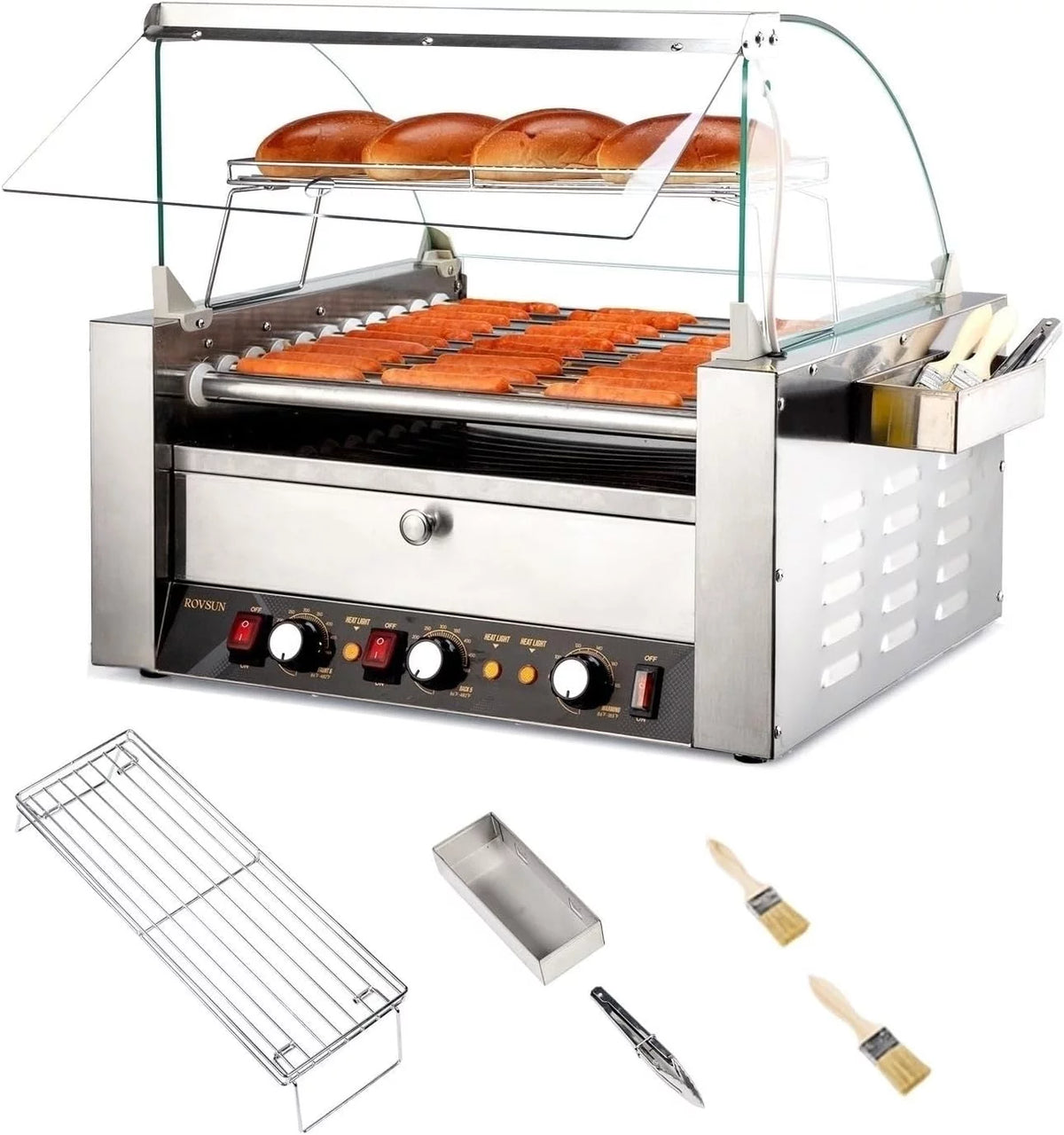 2000W 11 Rollers Hot Dog Roller Grill Cooker Machine with Bun Warmer G949481