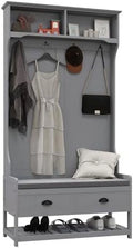 3-in-1 Hall Tree Entryway Bench with Coat Rack Shoe Rack 2 Drawers 4 Hooks Padded Seat Cushions Gray V74735