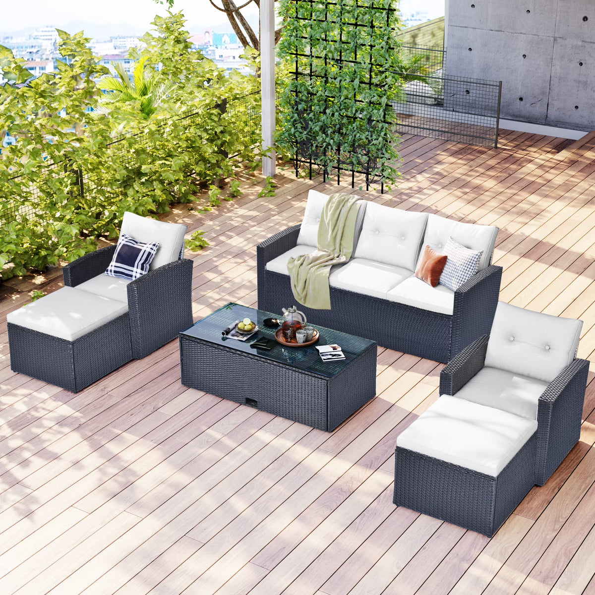 6-piece PE rattan Patio Sectional Set with coffee table, ottomans, removable cushions Y7617