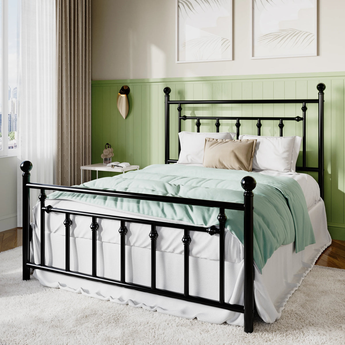 Queen Size White Metal Platform Bed Frame with Headboard and Footboard T135353