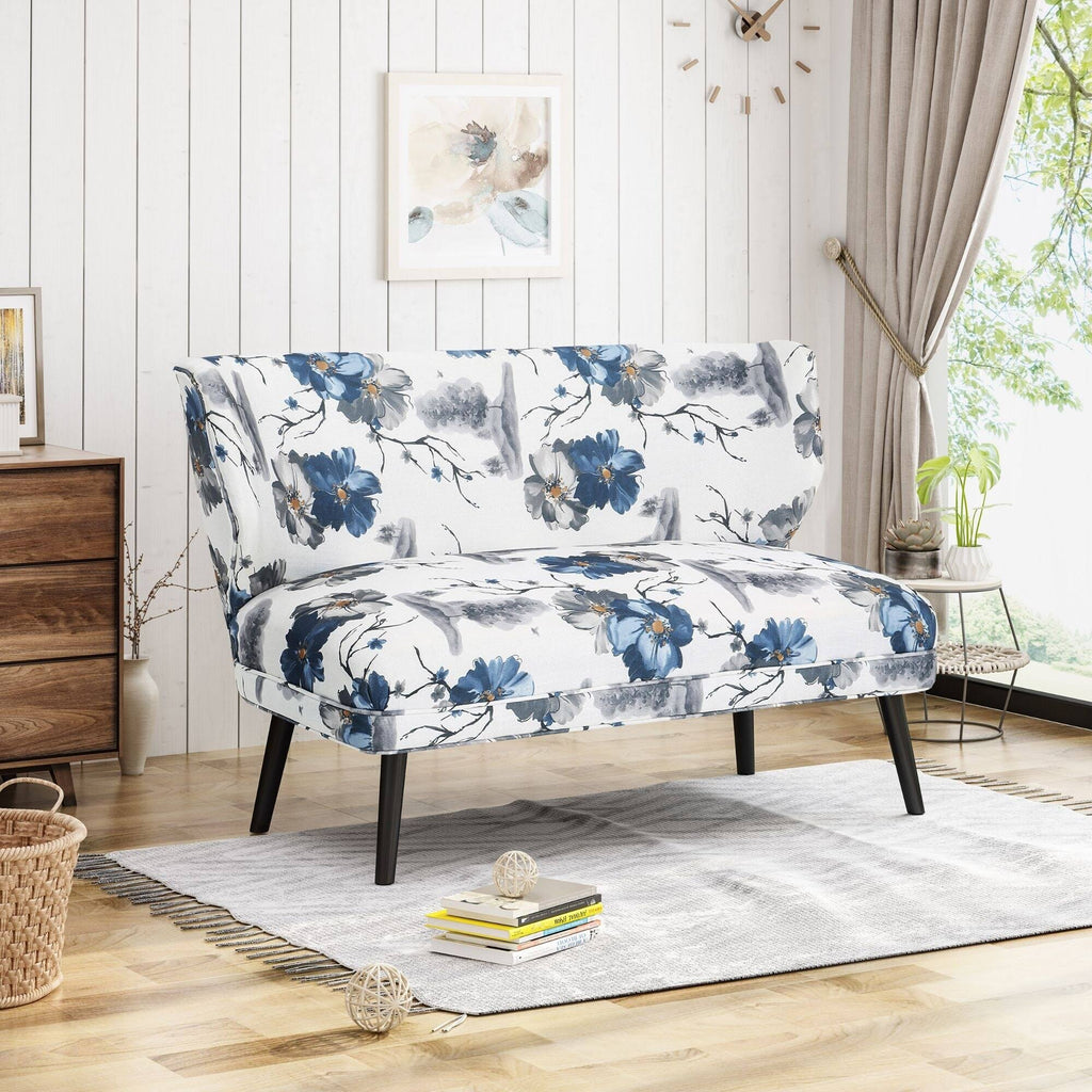 Navy Blue and Gray Floral Rectangular Settee G39400