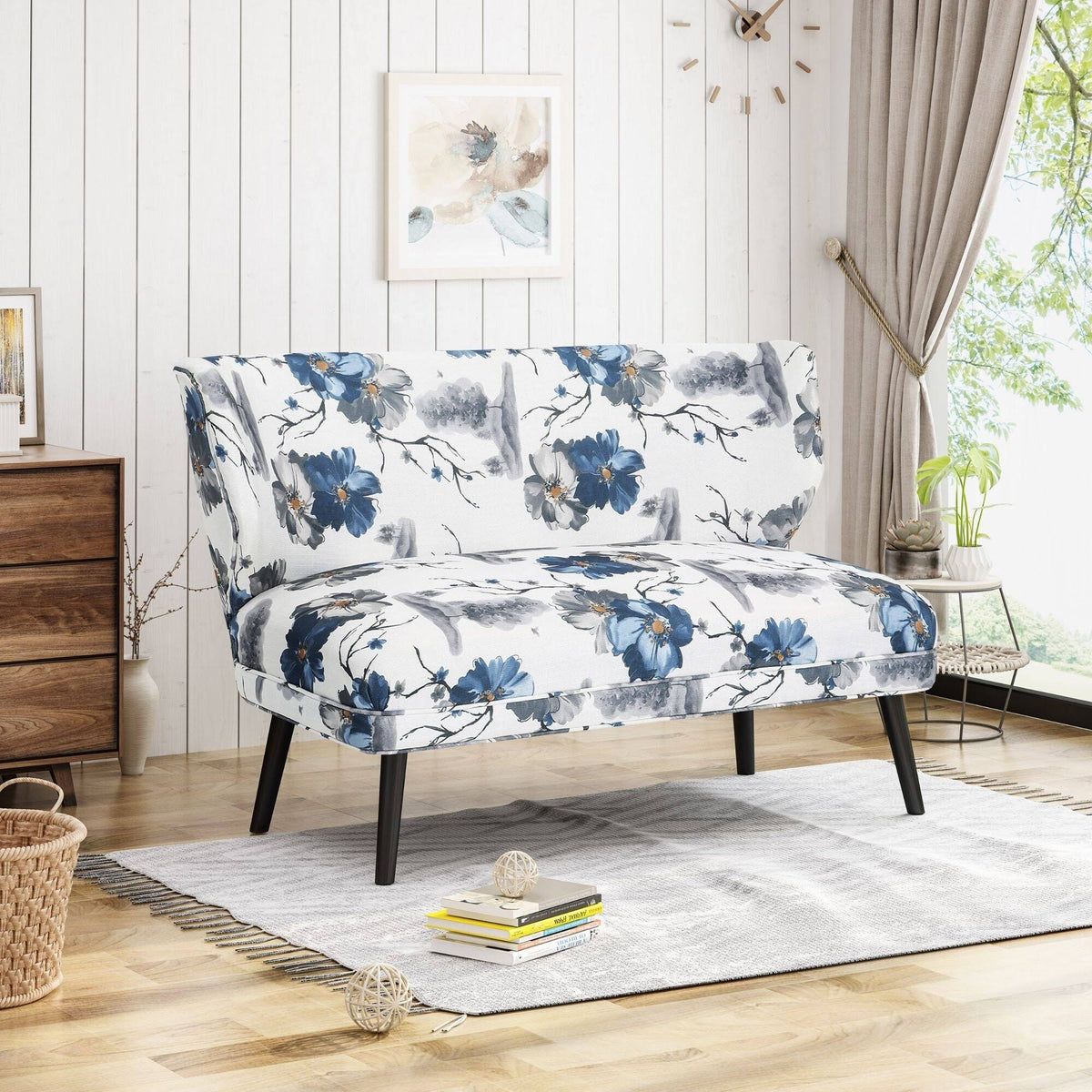 Navy Blue and Gray Floral Rectangular Settee G39400