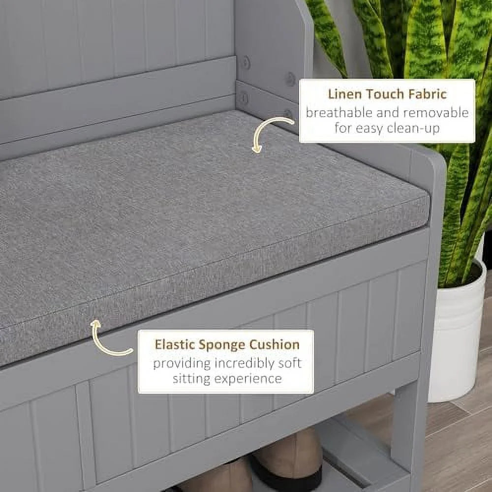 3-in-1 Hall Tree Entryway Bench with Coat Rack Shoe Rack 2 Drawers 4 Hooks Padded Seat Cushions Gray V74735