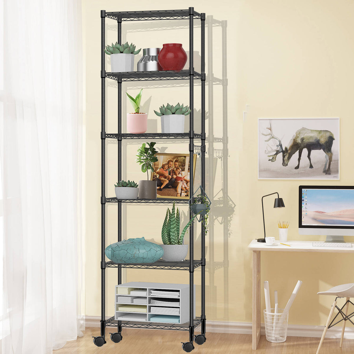 6 Shelves Wire Metal Heavy Duty Shelving Rack with Wheel, Silver B4209