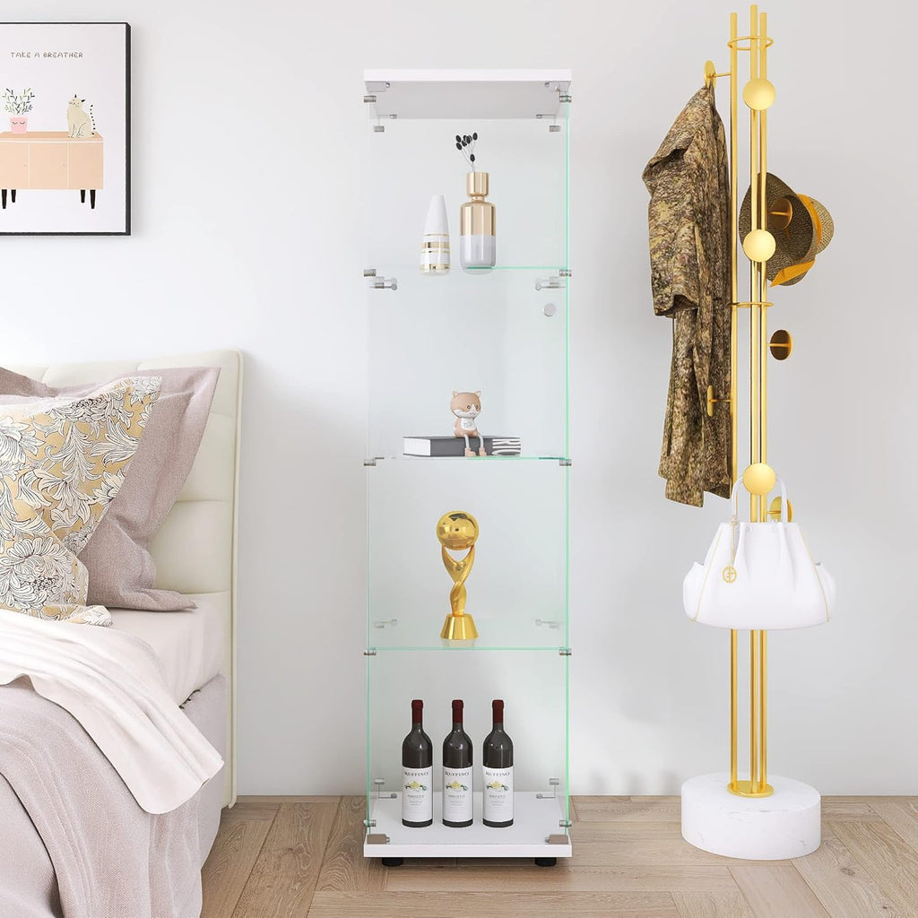 White 4-Shelf Glass Display Cabinet with Door and Lock E57146