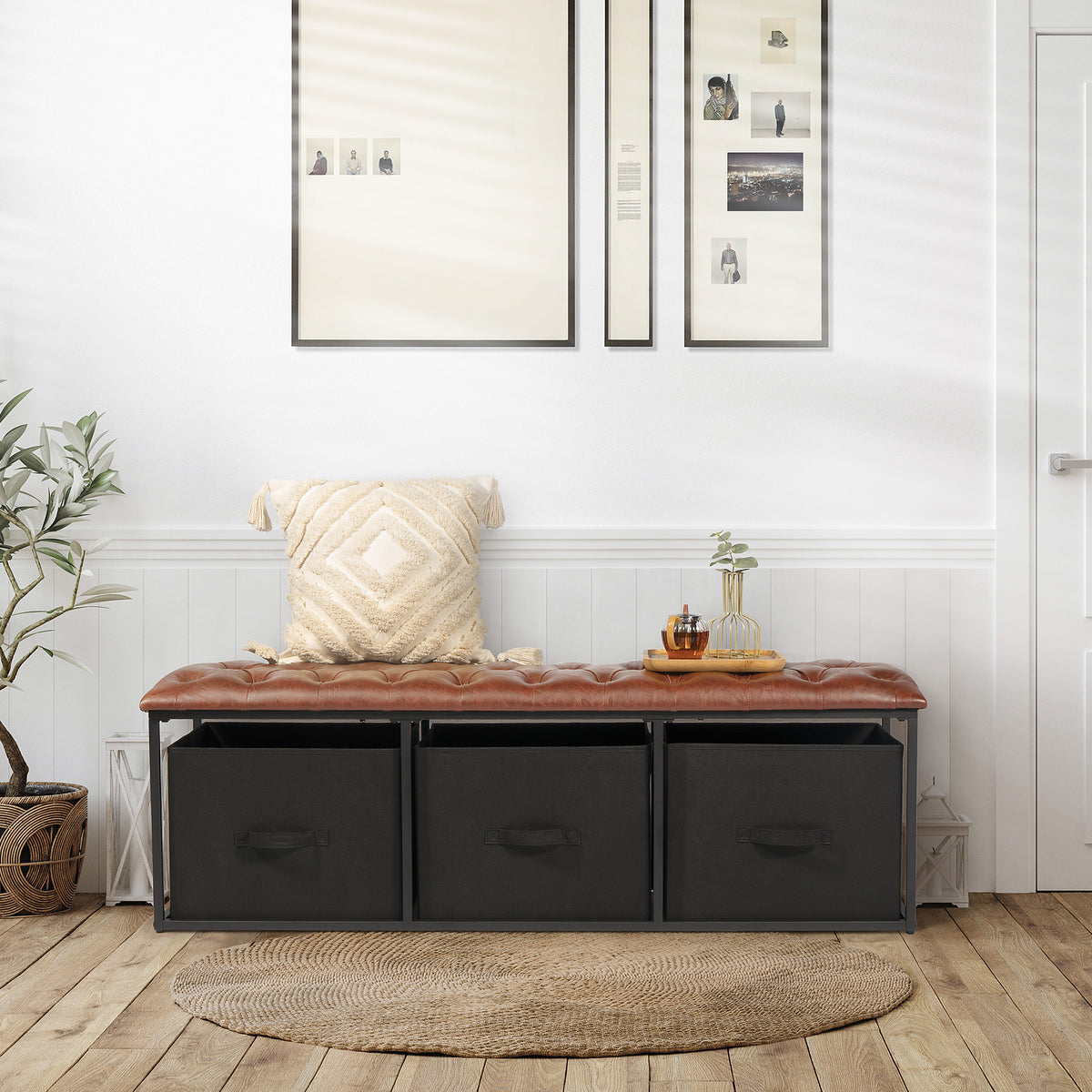 Brown Button Tufted Faux Leather Storage Bench R201