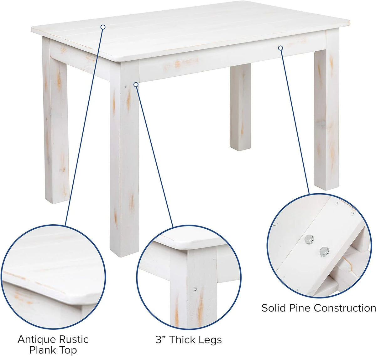 46" X 30" Rectangular Antique Rustic White Solid Pine Dining Table U92104
