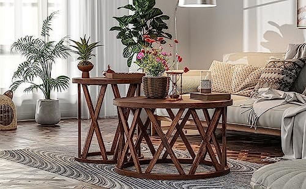 Round Wood Coffee Table with X-Motifs Legs L8097