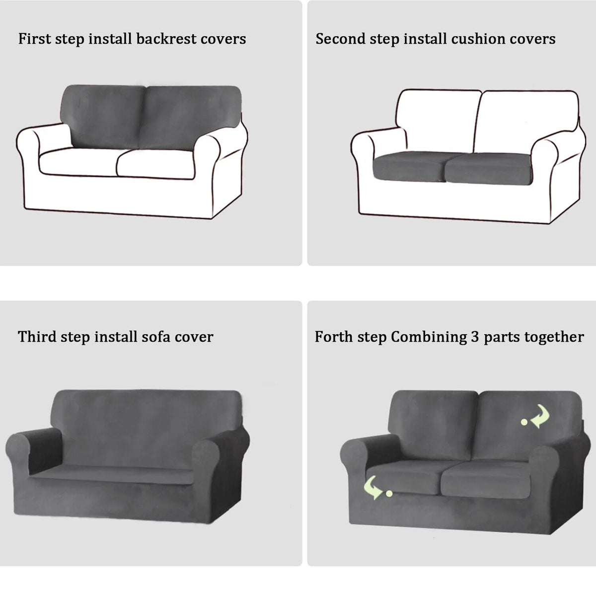 5-Pieces Velvet Stretch Couch Slipcovers (Dark Grey) P429398