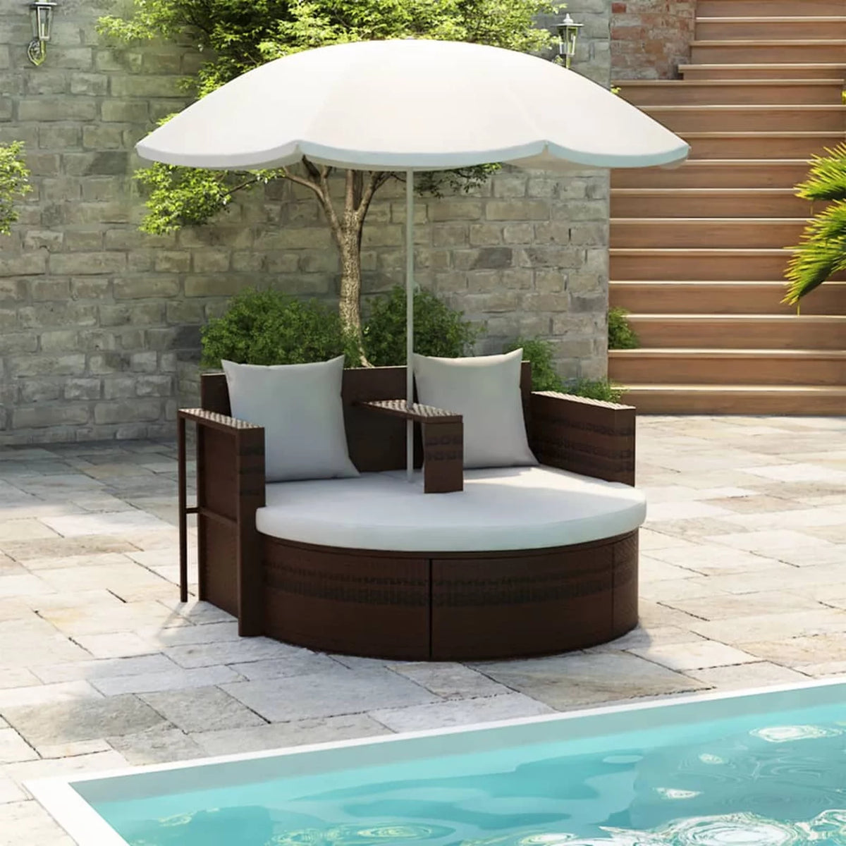 Poly Rattan Outdoor Lounge Bed with Parasol L625231