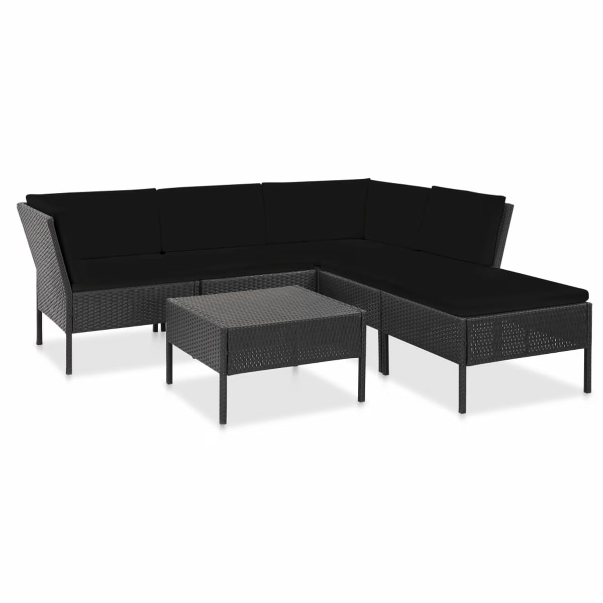 6 Piece Outdoor Conversation Set with 2 Corner 2 Middle Sofas Coffee Table Ottoman Black Poly Rattan Patio Sectional Set F788