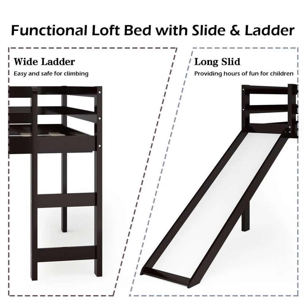 White Twin Size Wood Loft Bed with Slide Q6341