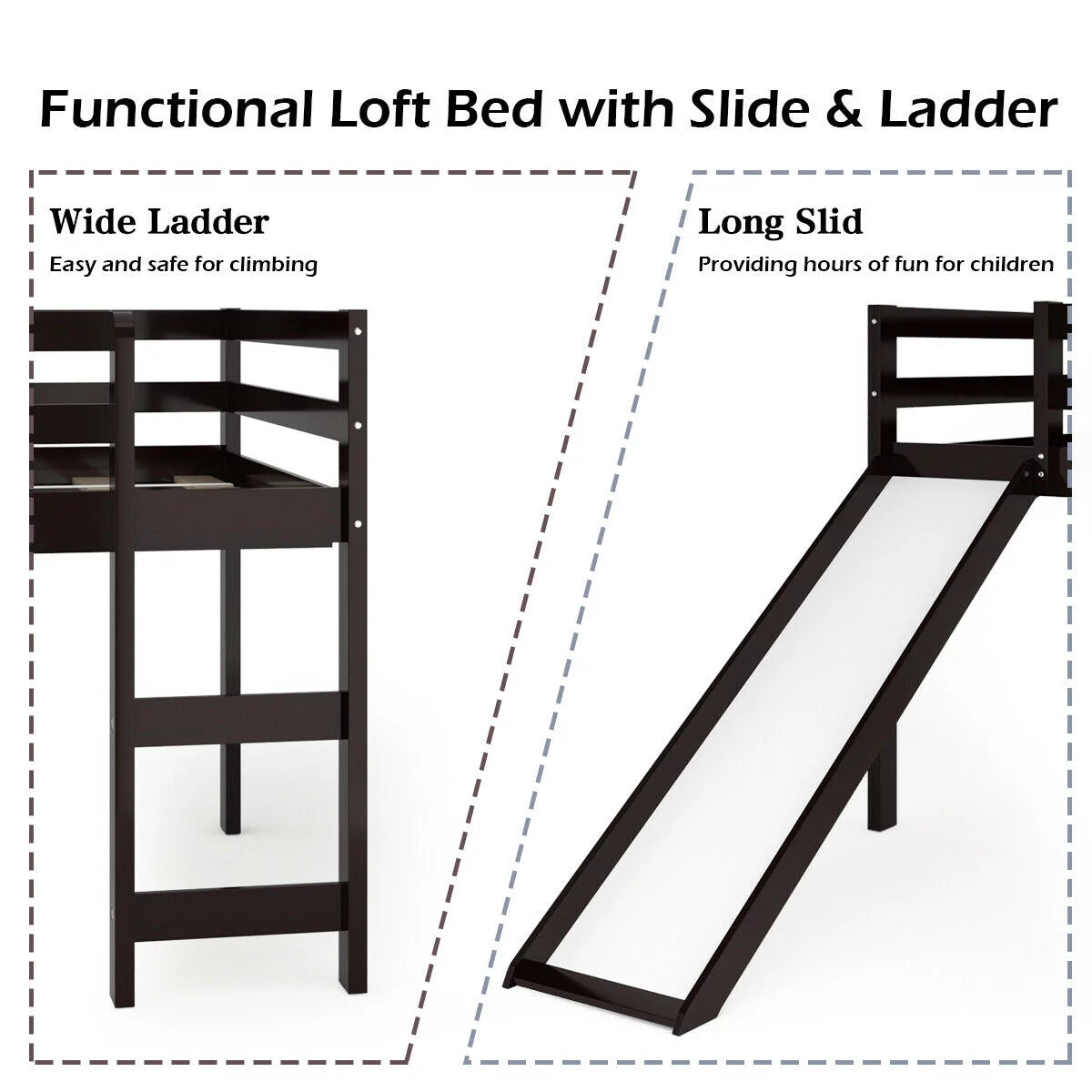 White Twin Size Wood Loft Bed with Slide Q6341