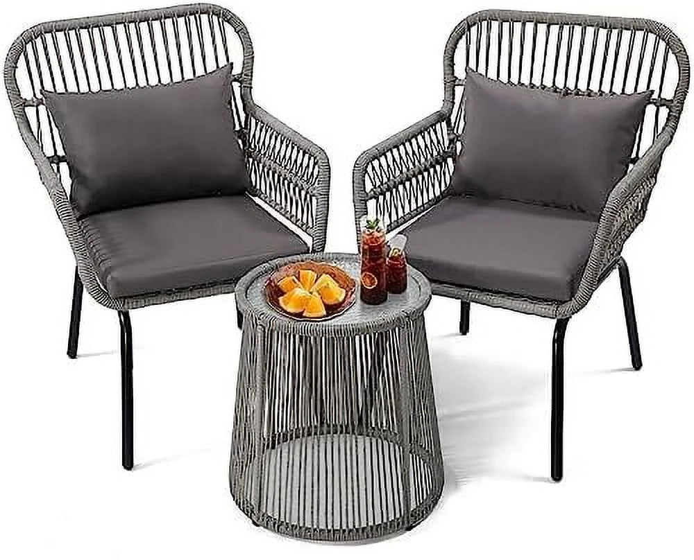 3 Pieces Rattan Wicker Bistro Set with Glass Top Table W617342
