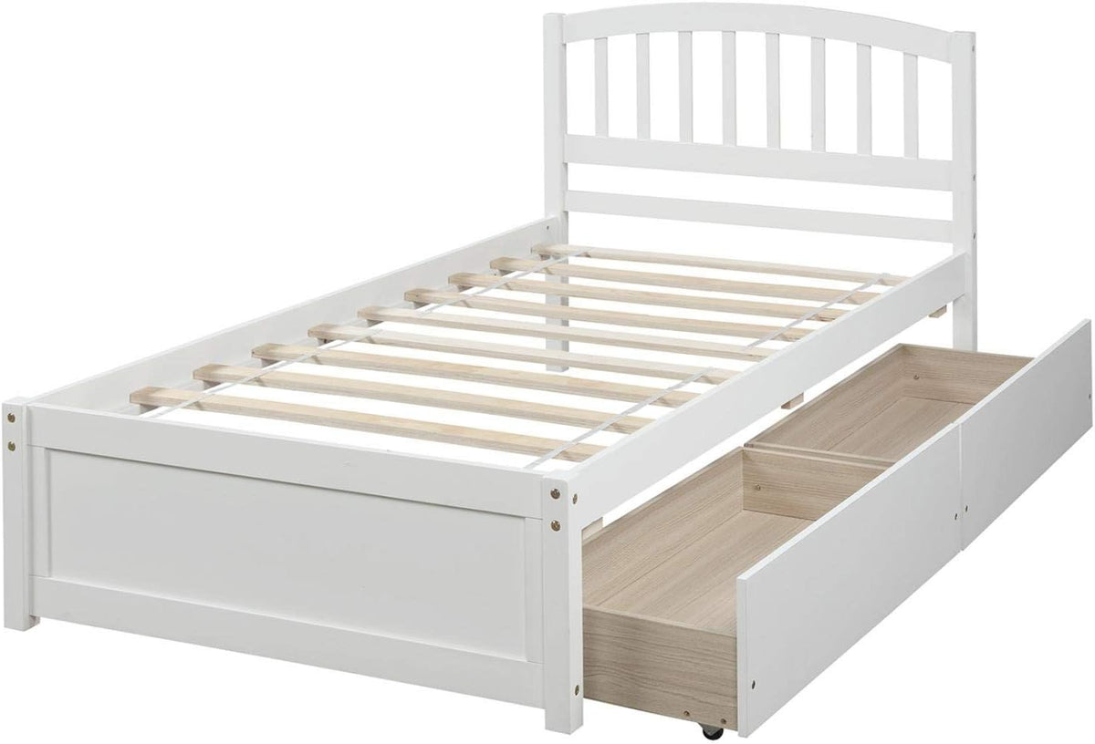 White 79.5x41.8x37.4 inches Platform Double Bed Frame with Two Drawers and Headboard P29861