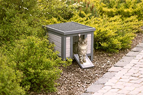 Gray & White Fir Wood Outdoor Cat House with Raised Floor and Hinged Asphalt Roof X8025
