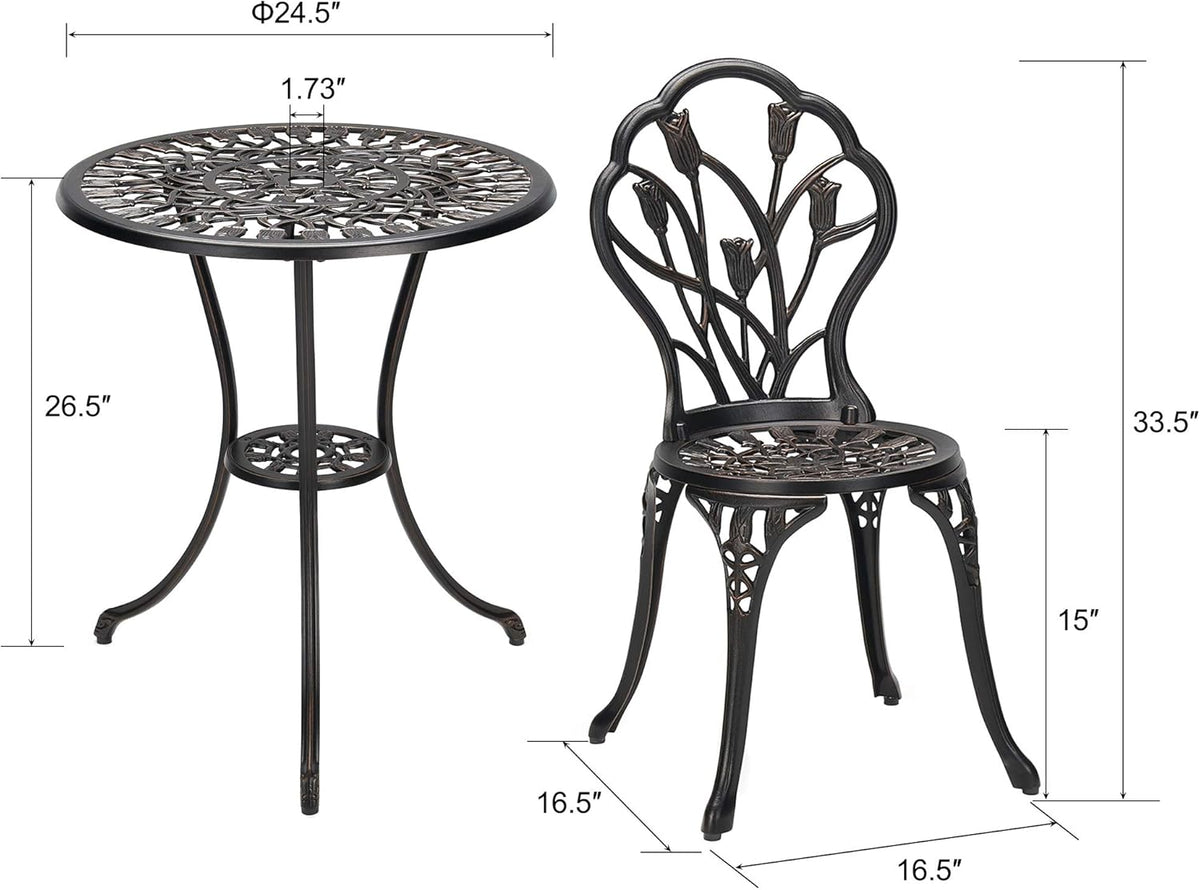 3-Piece Cast Aluminum Patio Bistro Set with Rust-Resistant Table and 2 Chairs O67574