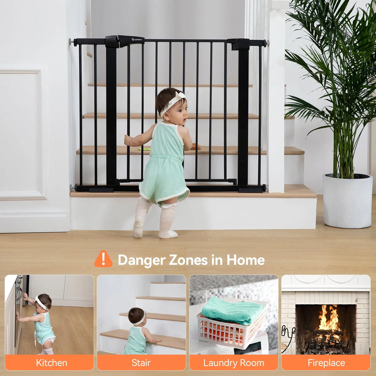 Baby Safety Gate, 29.5''- 40.5'' Wide Pressure Mount, Black M988738