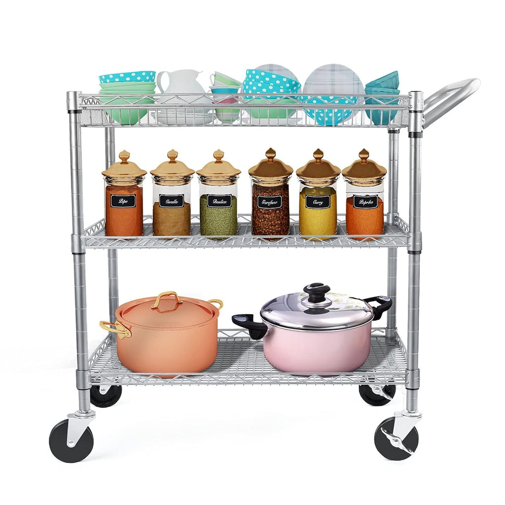 3 Tier Metal Rolling Utility Cart with Wire Shelving A24971