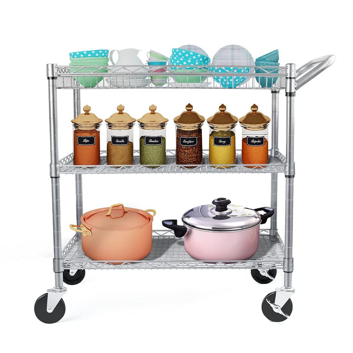 3 Tier Metal Rolling Utility Cart with Wire Shelving A24971
