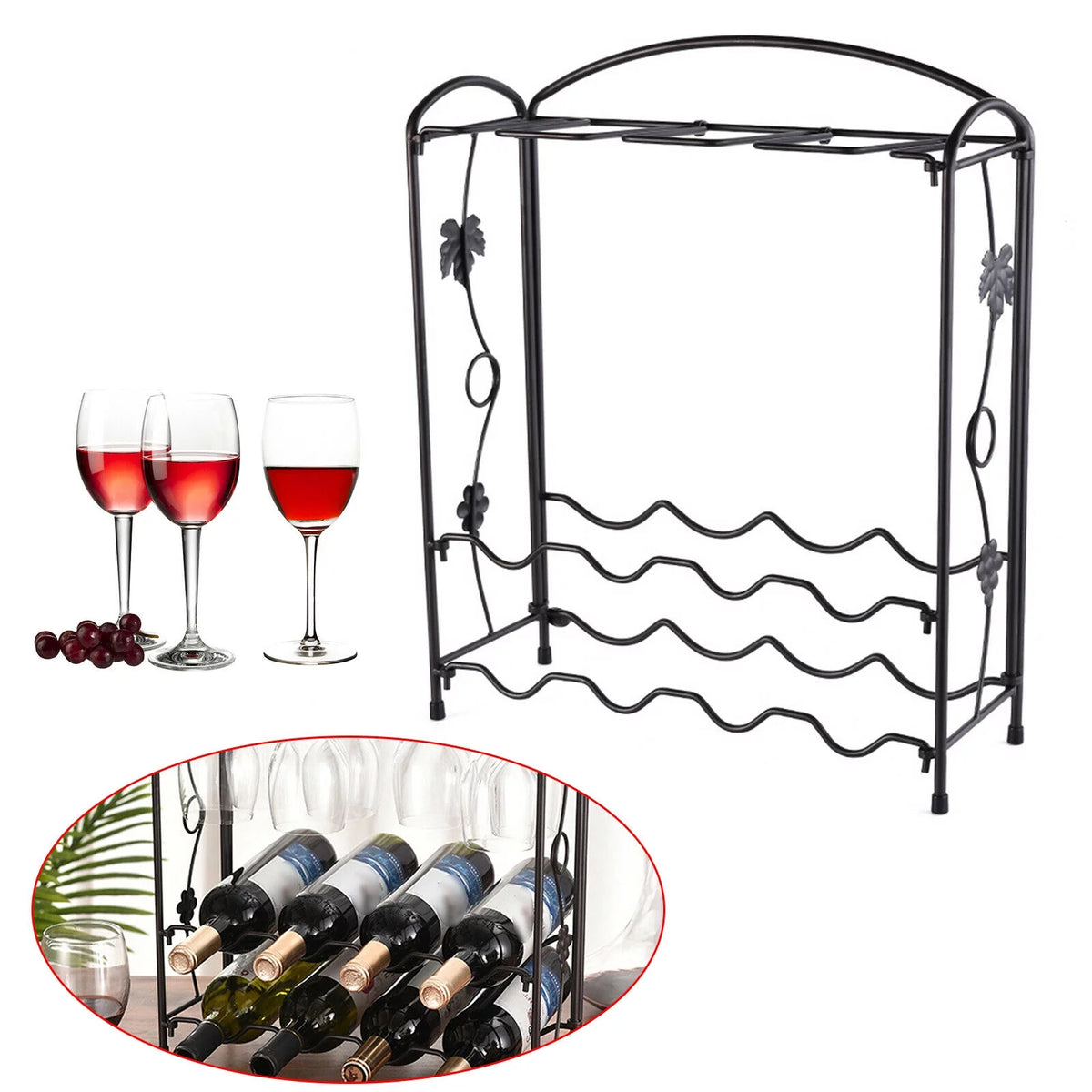 Metal Wine Rack with Glass Holder for 8 Bottles and 8 Glasses G789592