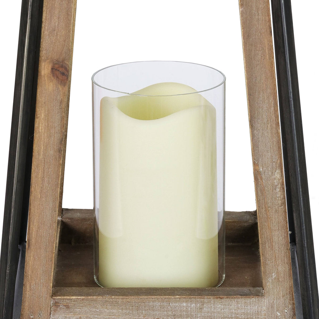 Antiqued Wood and Metal Tented Candle Lantern with LED Candle, 20.5 Inches, Natural, Beige Q8054