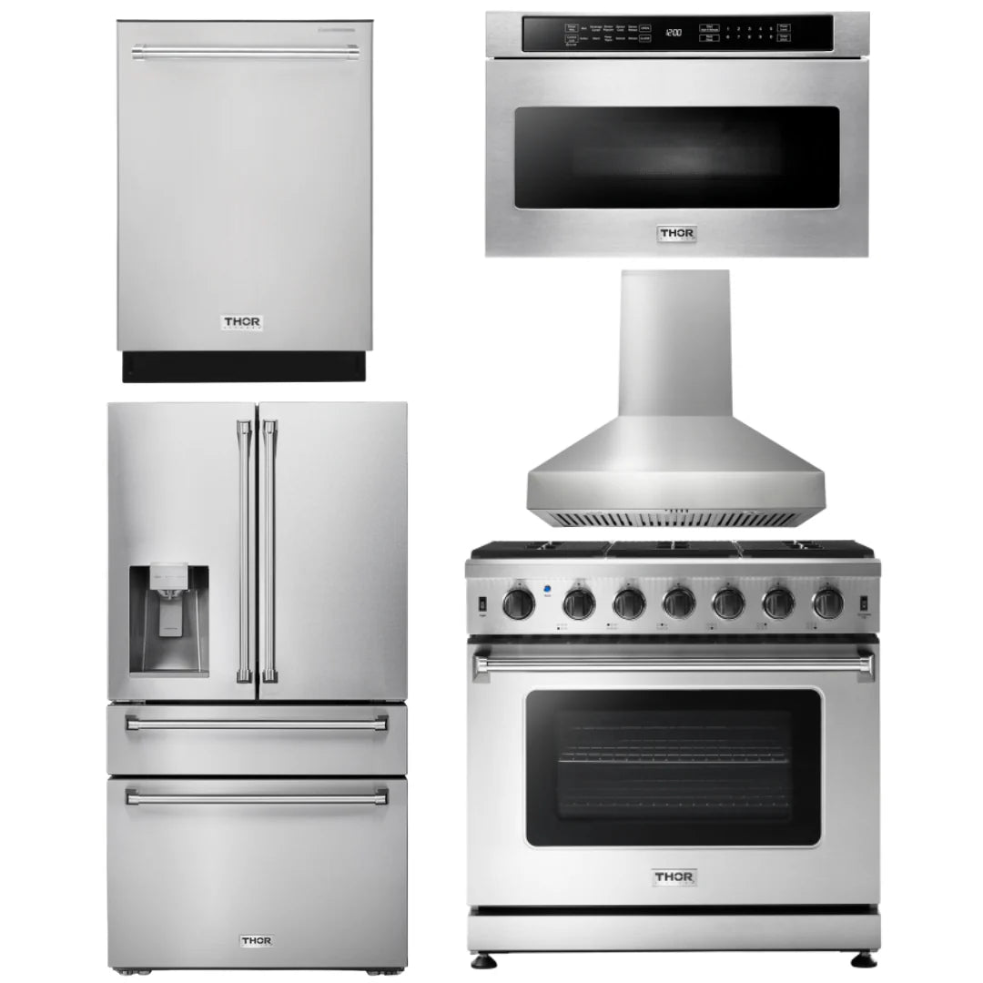36 Inch Propane Gas Range, Range Hood, Microwave, Refrigerator, Dishwasher Q30383
