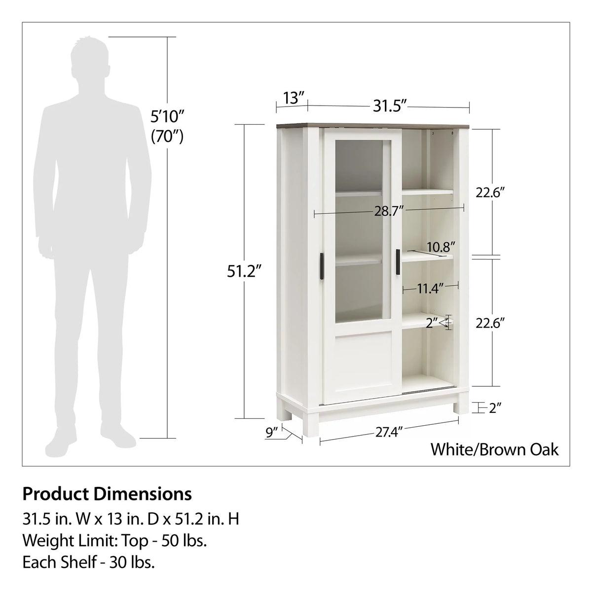 White Bookcase Cabinet with Sliding Glass Doors L2507
