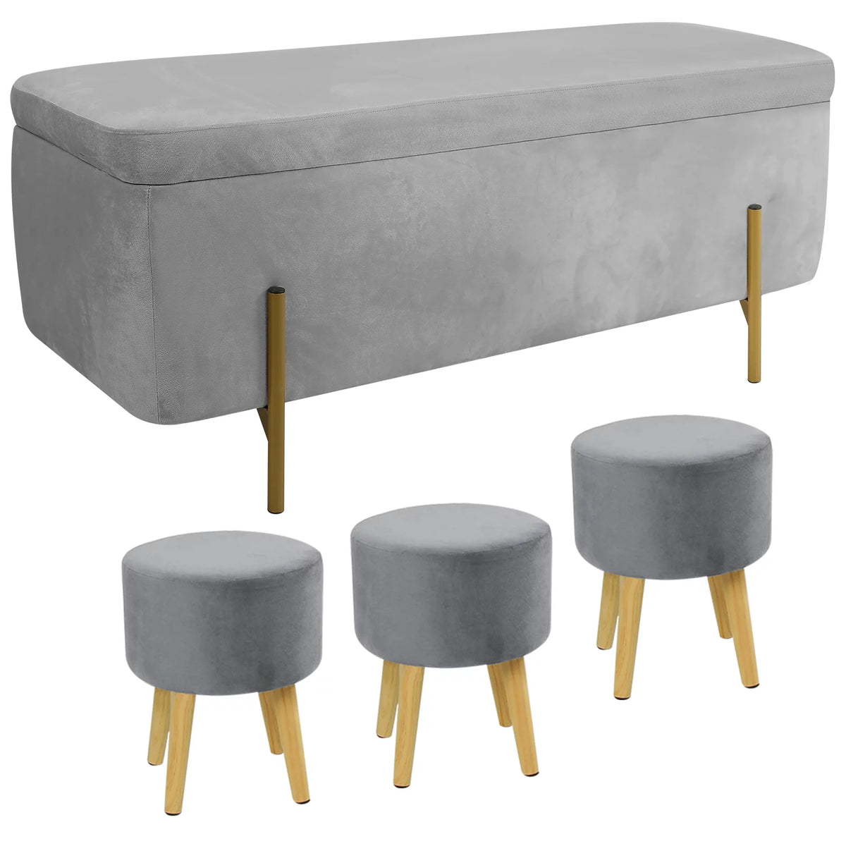 Velvet Storage Ottoman Bench with 3 Footstools C340710