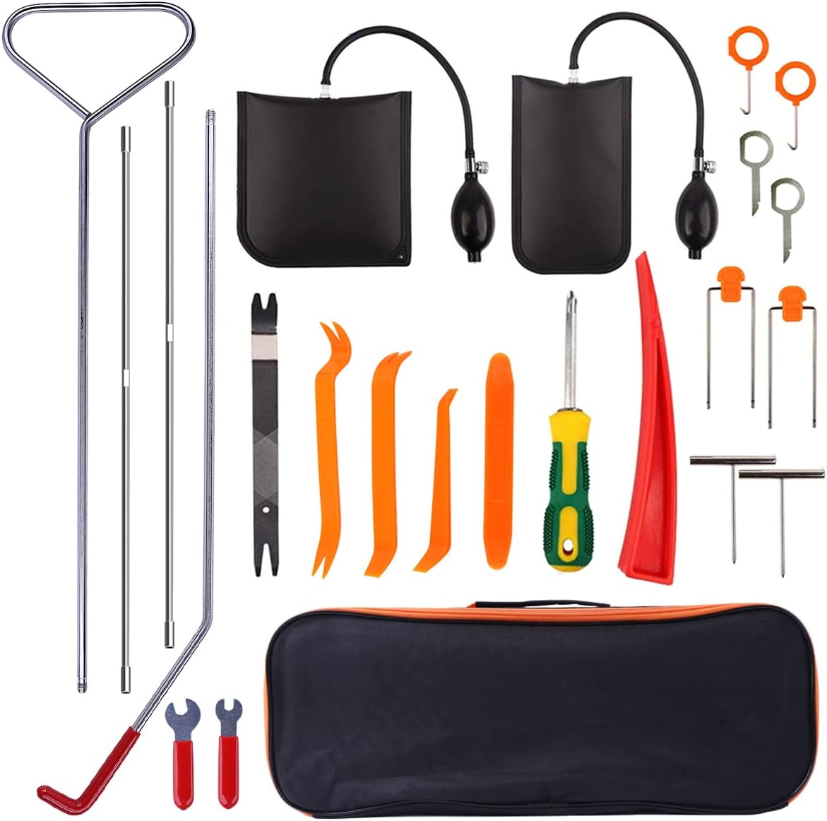 24 PC Car Tool Kit with Non Marring Wedge Air Pump Bag Stainless Steel Long Reach Tools S387347
