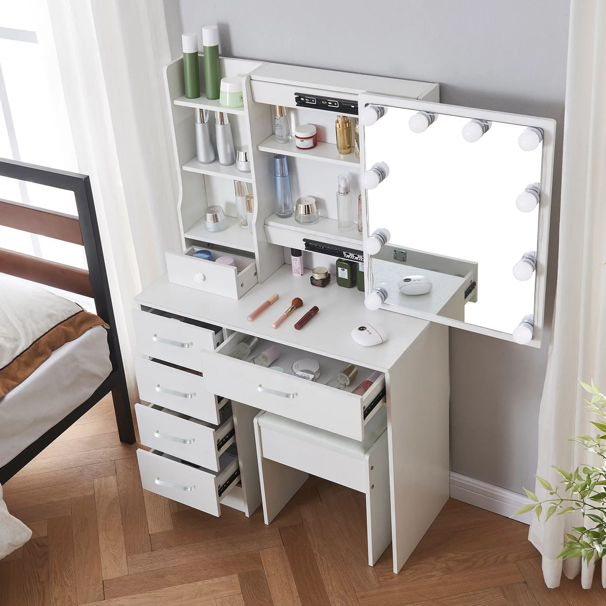 White Makeup Vanity Table with Mirror and Lights B240