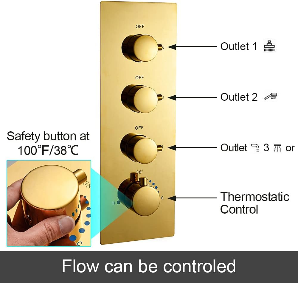 Polished Gold 12 Inch Brass Ceiling Mounted Thermostatic Rainfall Shower System Set N178