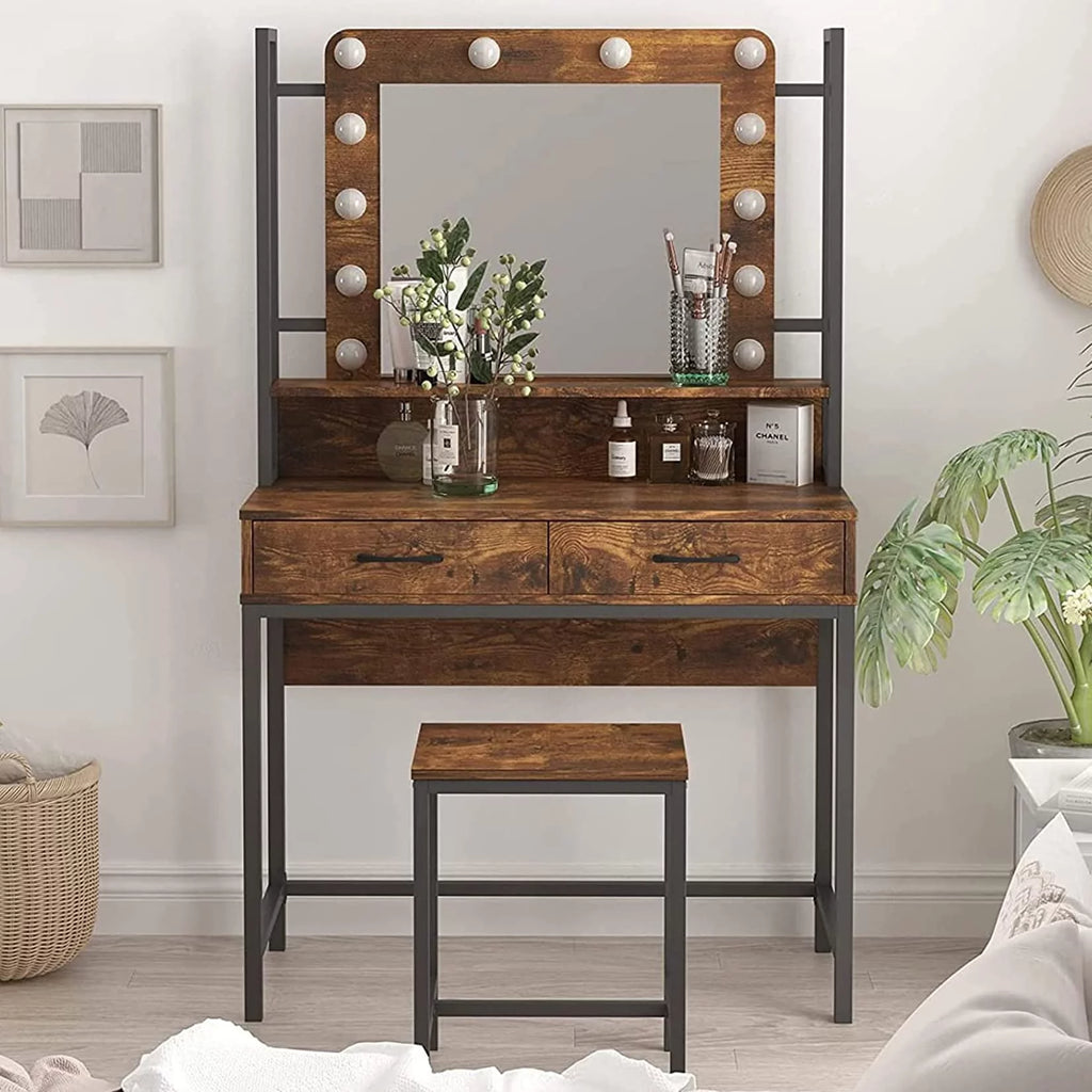 Rustic Vanity Set with Adjustable Lights, 3 Drawers, Brown T8313