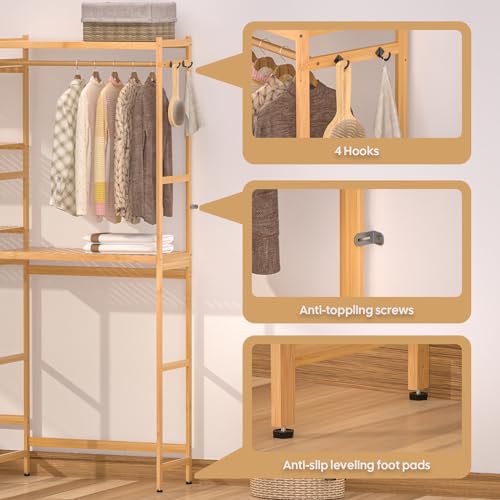 5 Tiers Bamboo Laundry Drying Rack with Adjustable Shelves and 4 Hooks Y31758