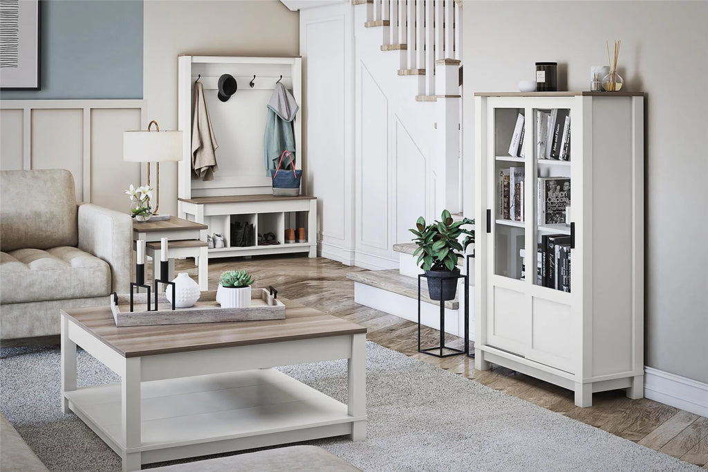 White Bookcase Cabinet with Sliding Glass Doors L2507