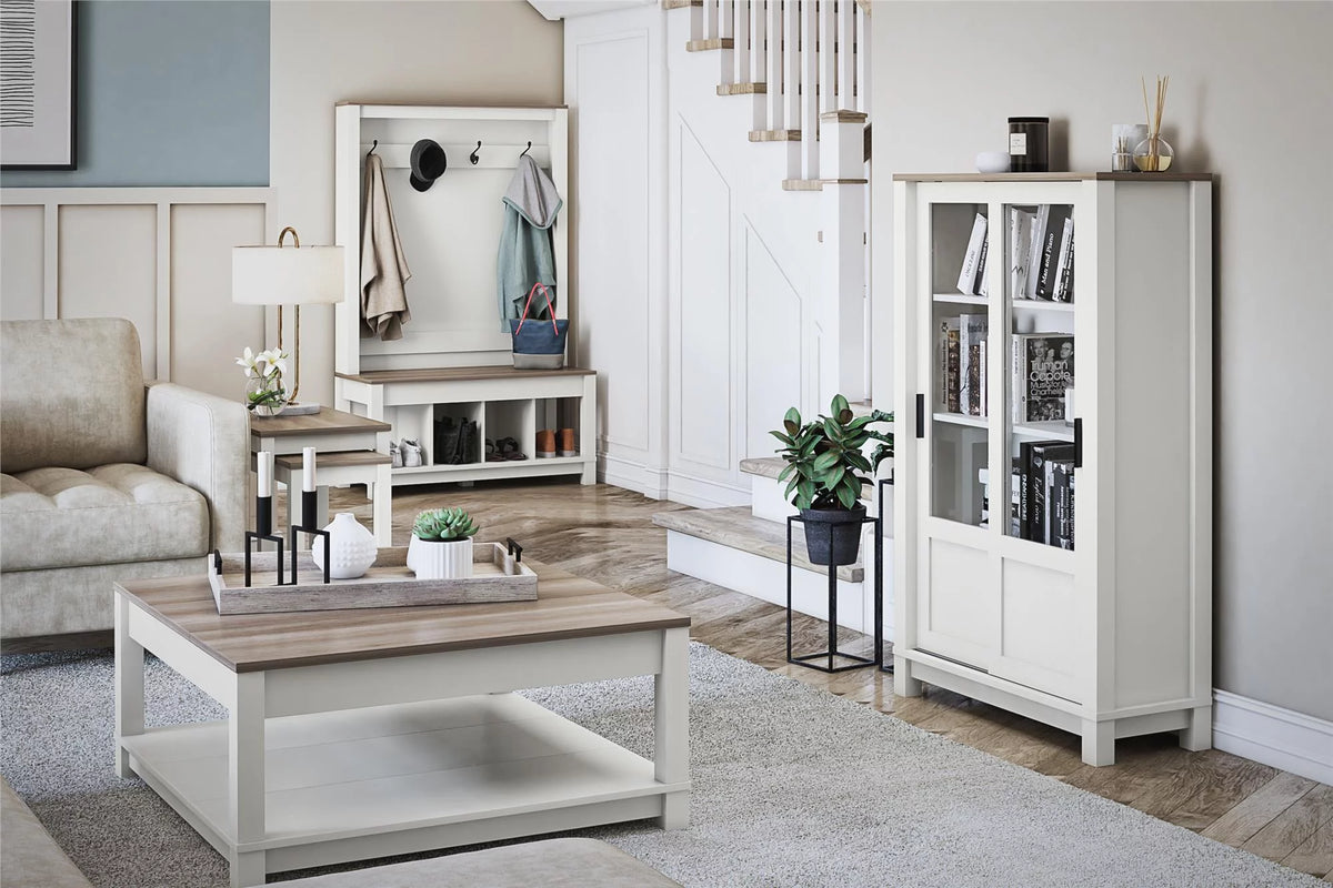 White Bookcase Cabinet with Sliding Glass Doors L2507