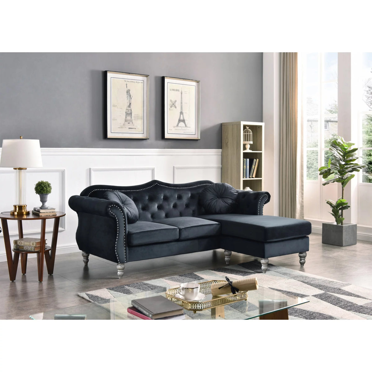 Black Velvet Chesterfield Sectional Sofa with 2-Throw Pillow R6532