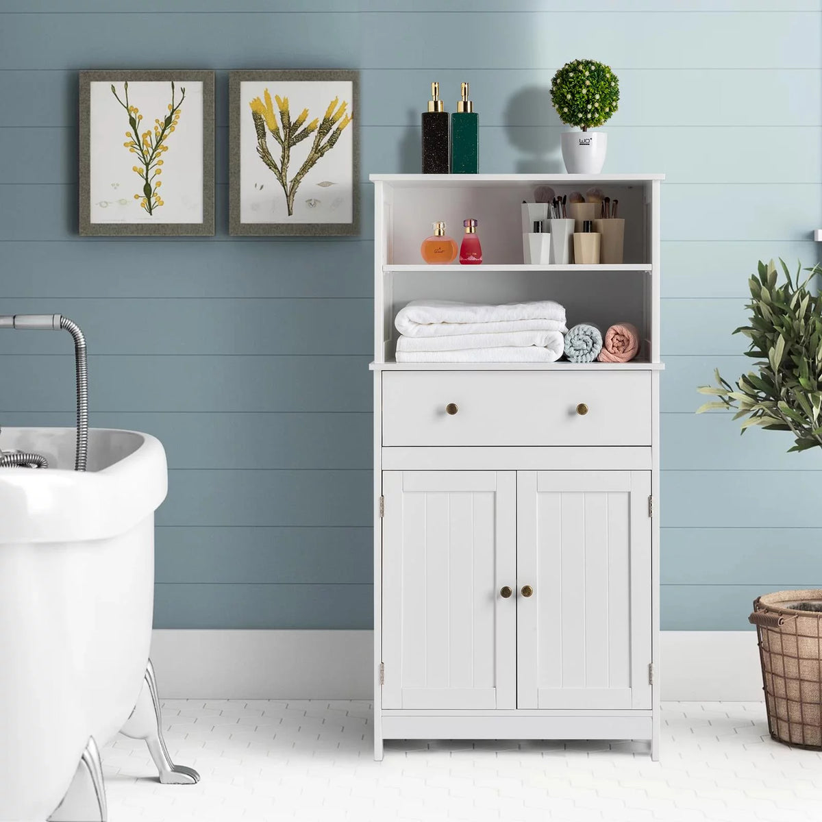 White Freestanding Bathroom Floor Cabinet with Drawer and 2 Doors Q398