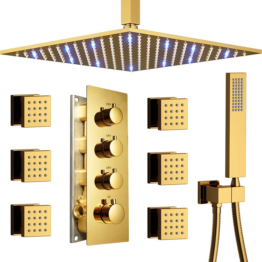 Polished Gold 12 Inch Brass Ceiling Mounted Thermostatic Rainfall Shower System Set N178
