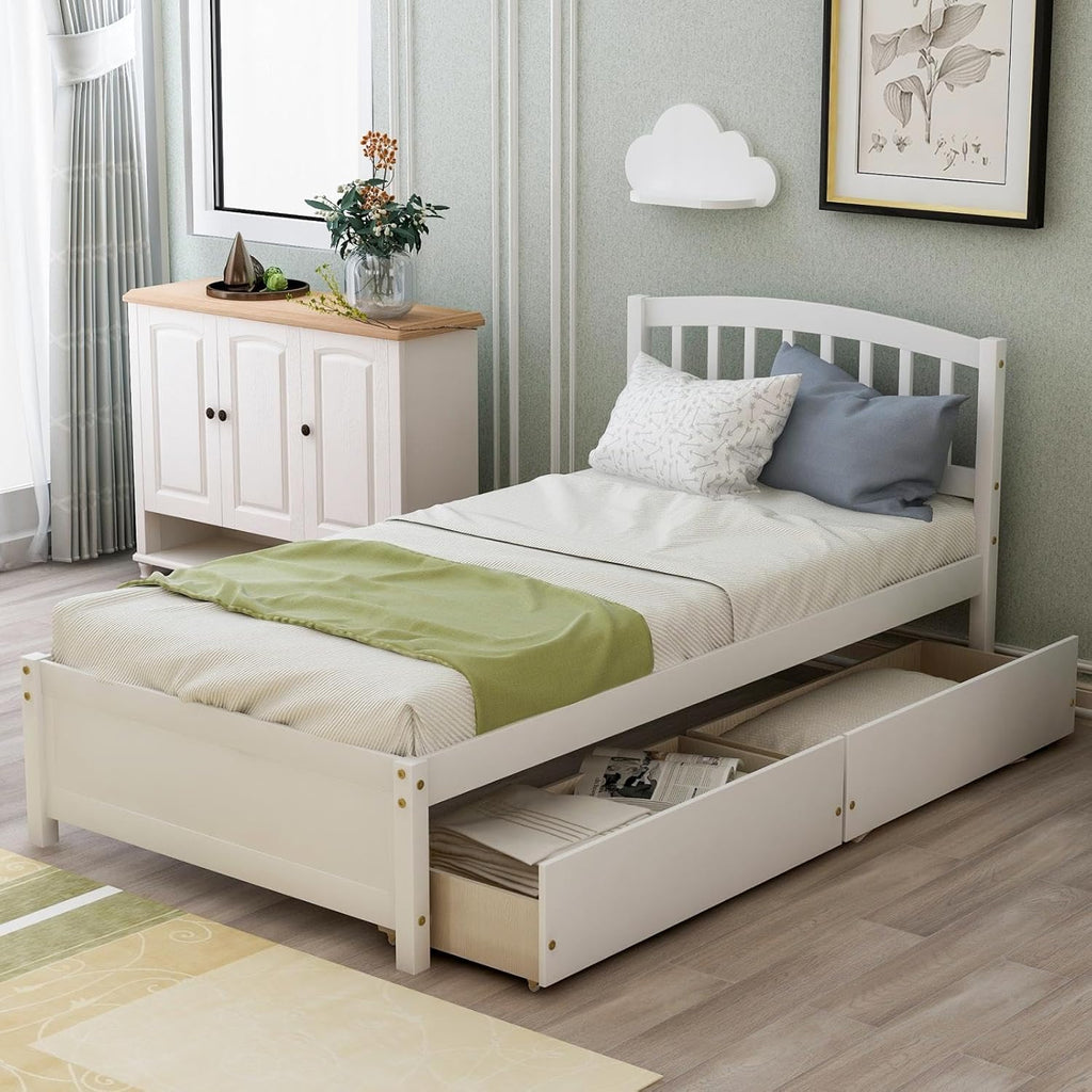 White 79.5x41.8x37.4 inches Platform Double Bed Frame with Two Drawers and Headboard P29861