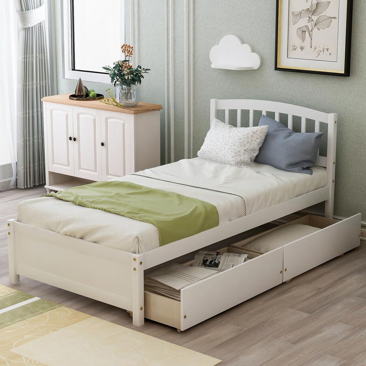 White 79.5x41.8x37.4 inches Platform Double Bed Frame with Two Drawers and Headboard P29861