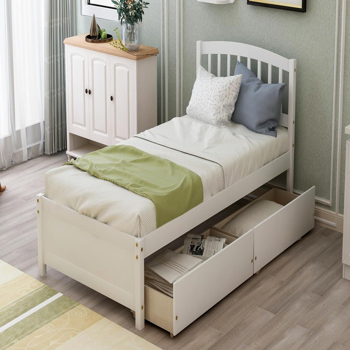 White 79.5x41.8x37.4 inches Platform Double Bed Frame with Two Drawers and Headboard P29861