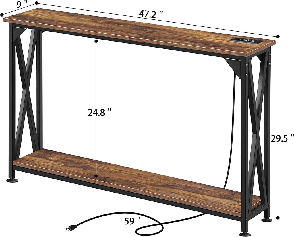 2 Tiers Console Sofa Table with Power Outlet and Open Storage Shelf A266