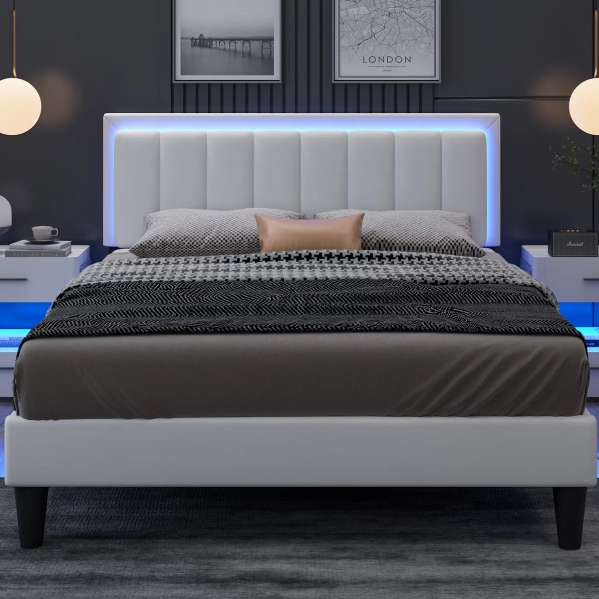 Full Size Led Upholstered Platform Bed Frame with PU Faux Leather Headboard I100