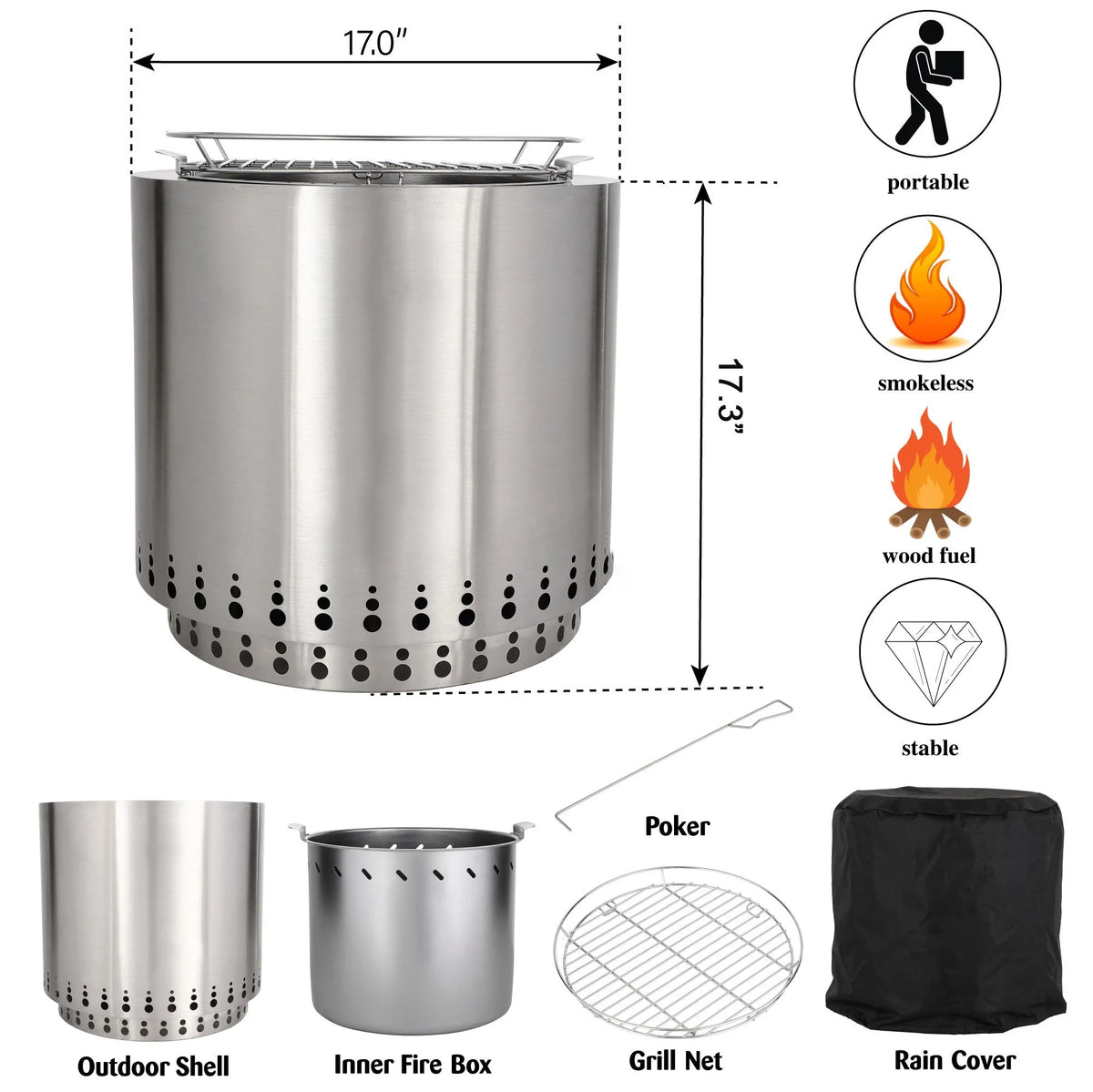 17 Stainless Steel Portable Smokeless Fire Pit C883275