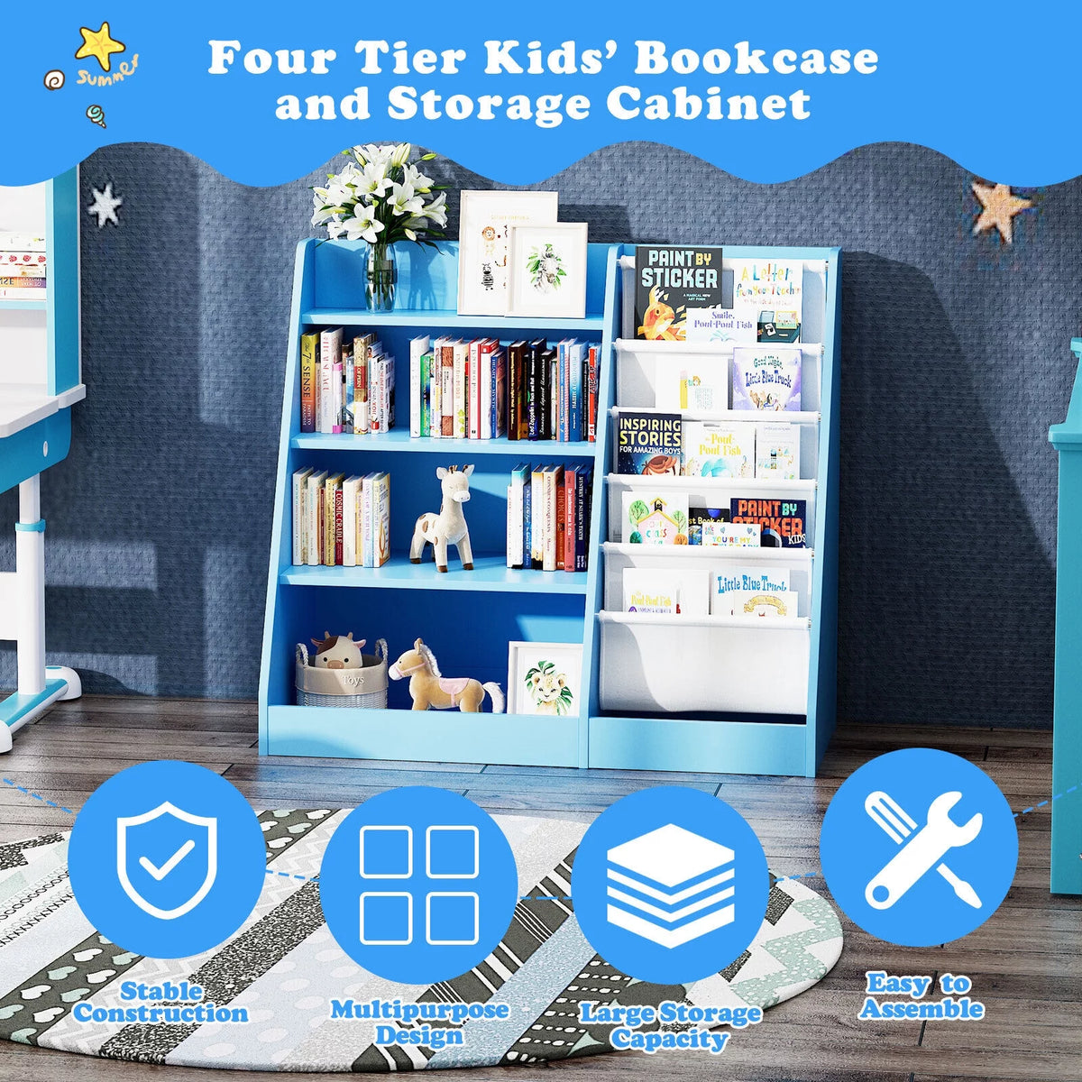 Blue 5-Layer Kids Wooden Bookshelf B174