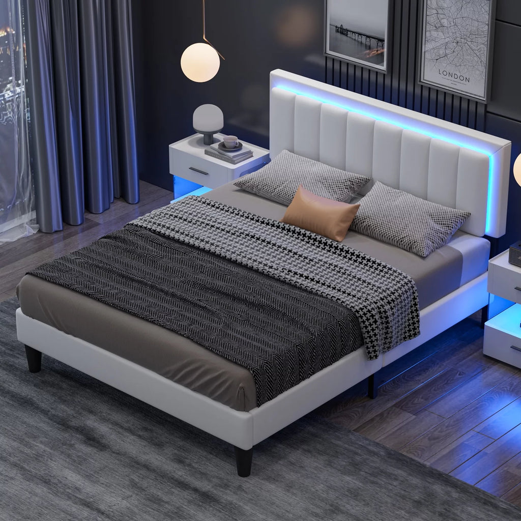 Full Size Led Upholstered Platform Bed Frame with PU Faux Leather Headboard I100